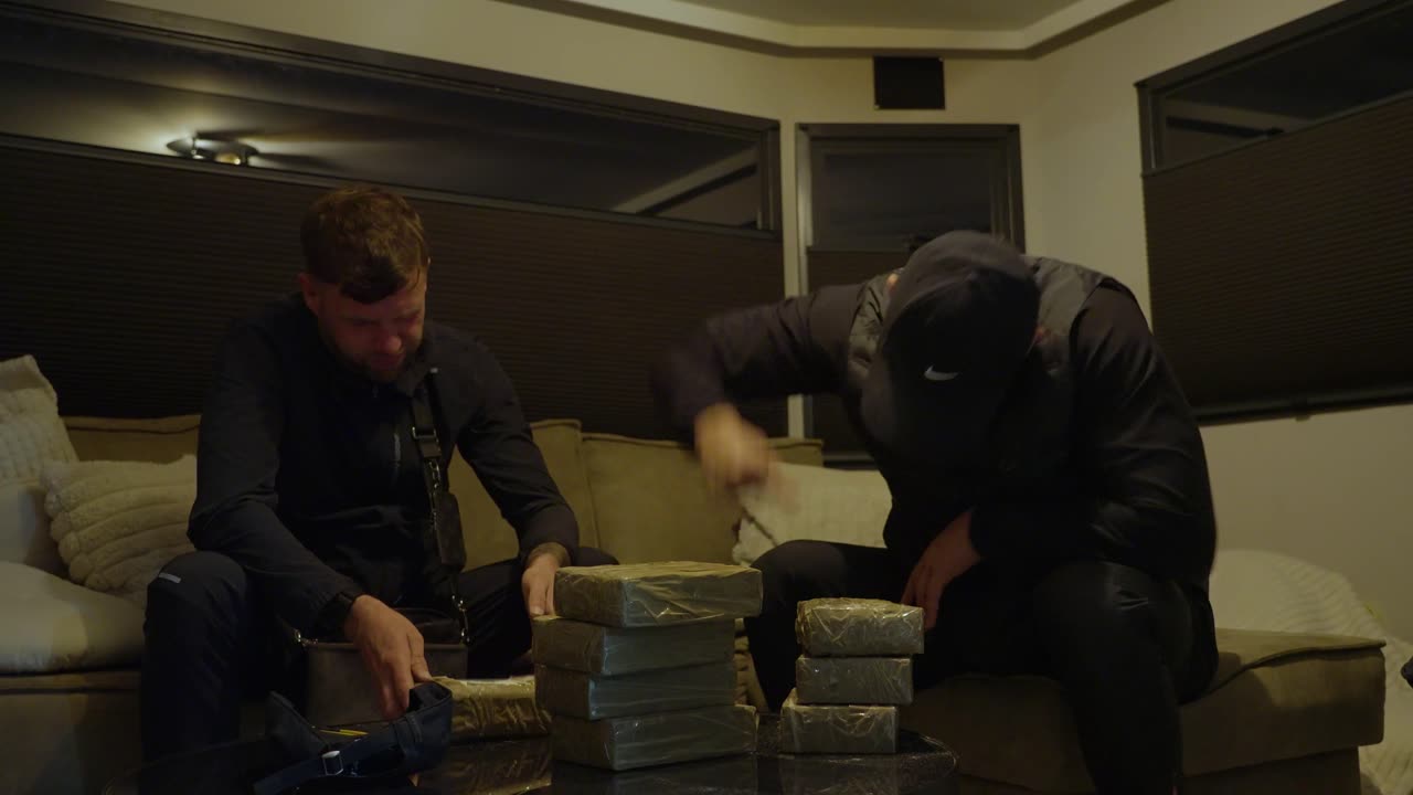 Twee mannen tellen pakketten op een bank